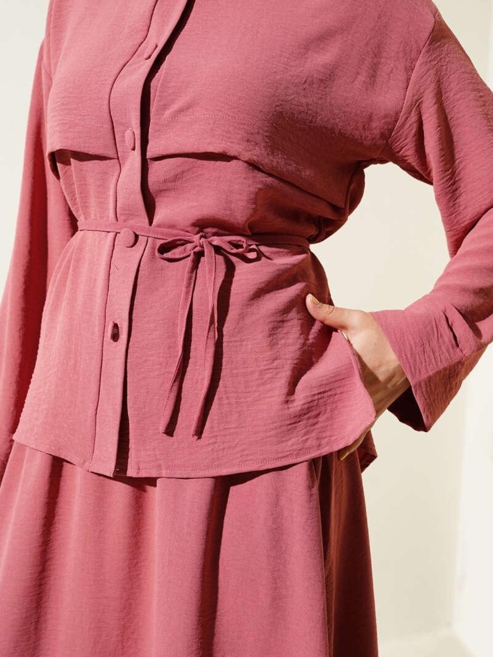 Two-Piece Modest Dusty Rose Belted Top Maxi Skirt Set L/XL Coordinated Outfit - Picture 3 of 7
